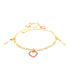 Explore the Evil Eye Keys and Hearts Charms Bracelet featuring a 14k gold-filled figaro link chain. It is embellished with a pink heart charm and two key charms, one adorned with a blue eye design for spiritual protection. The bracelet comes with an adjustable clasp to ensure the perfect fit.